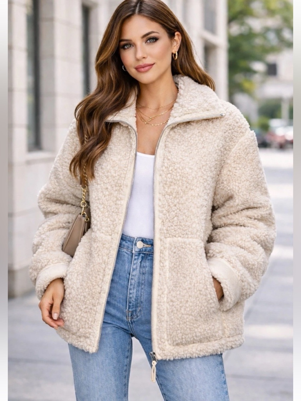 H&M faux fur teddy Sherpa Zip Jacket oversized Cream XS